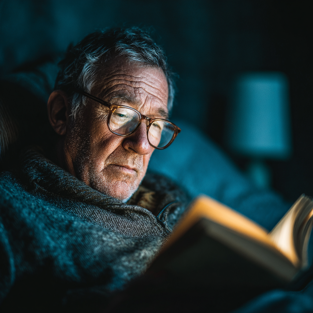 elderly person reading a book with proper lighting demonstrating good eye care habits