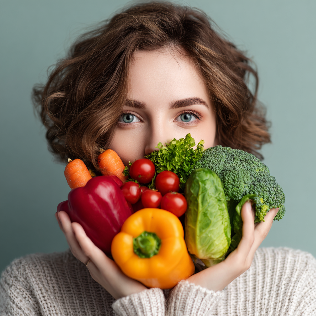 healthy woman holding fresh vegetables and fruits rich in vitamins for eye health